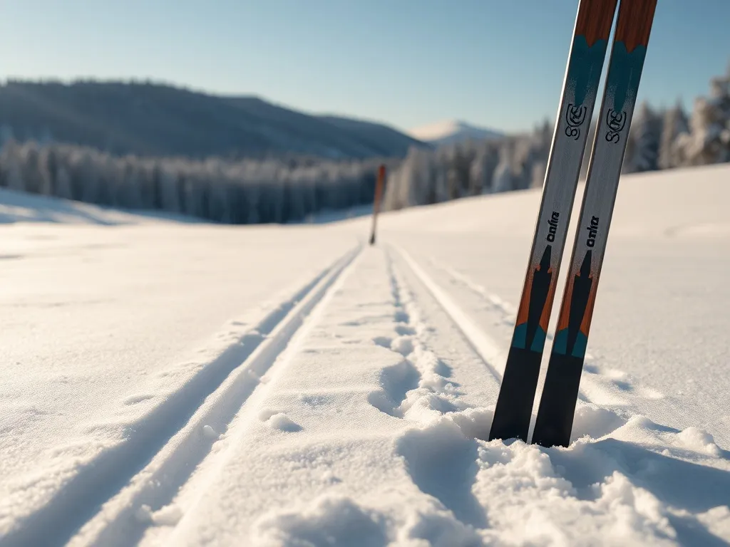 Narty biegowe i kije wbite w świeży śnieg na tle ośnieżonego lasu, zachęcające do rozpoczęcia przygody z biegówkami.