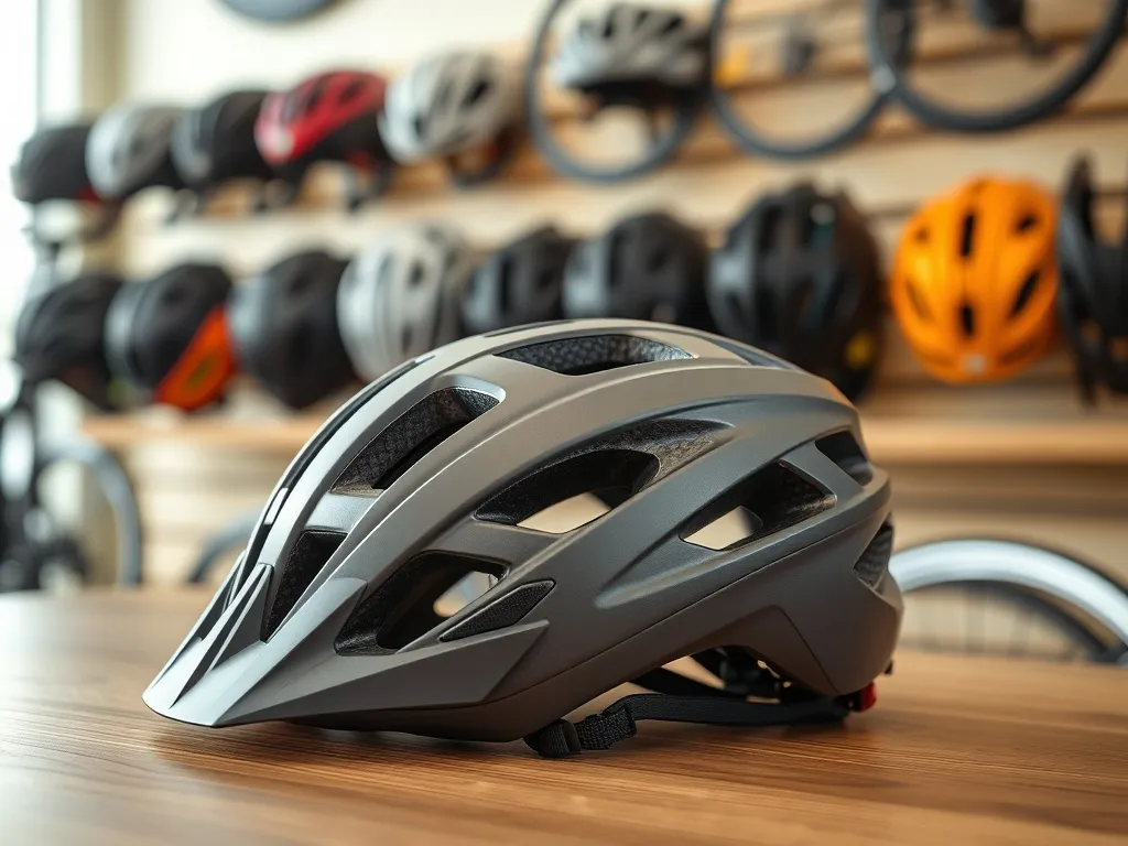 Nowoczesny kask rowerowy na pierwszym planie, w tle półka z różnymi modelami kasków do porównania w sklepie rowerowym.