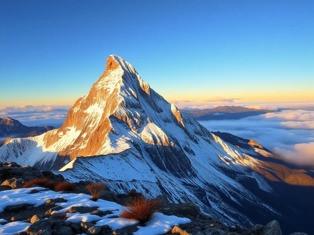 Ośnieżony szczyt Denali w złotym świetle wschodu słońca, widziany z niższego, skalistego punktu z plamami śniegu i roślinnością.