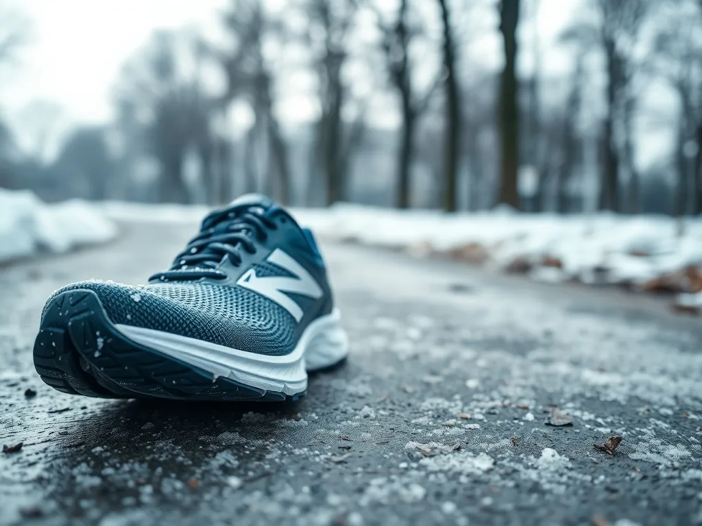 Zimowe buty do biegania na ośnieżonej ścieżce, z kryształkami lodu na cholewce i podeszwie, w spokojnym zimowym parku.