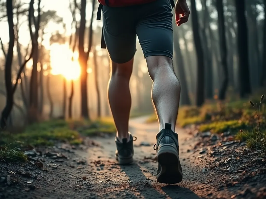 Osoba z plecakiem maszeruje leśnym szlakiem o świcie, podkreślając wysiłek fizyczny i spokojną atmosferę ruckingu.