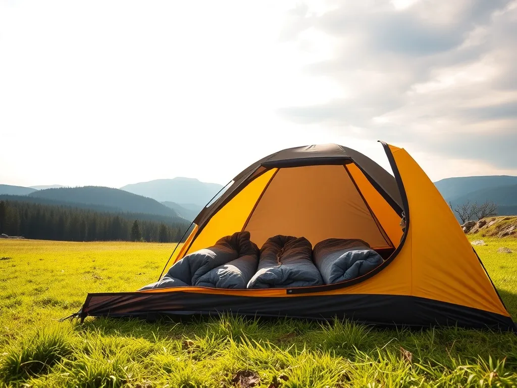 Namiot 4‑osobowy rozbity na trawie, z widocznym wejściem i śpiworami w środku, na tle spokojnego lasu.