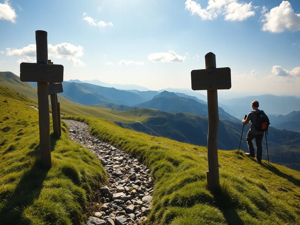 Turysta z plecakiem idzie szlakiem na połoninę w Bieszczadach w stronę Tarnicy w słoneczne popołudnie.