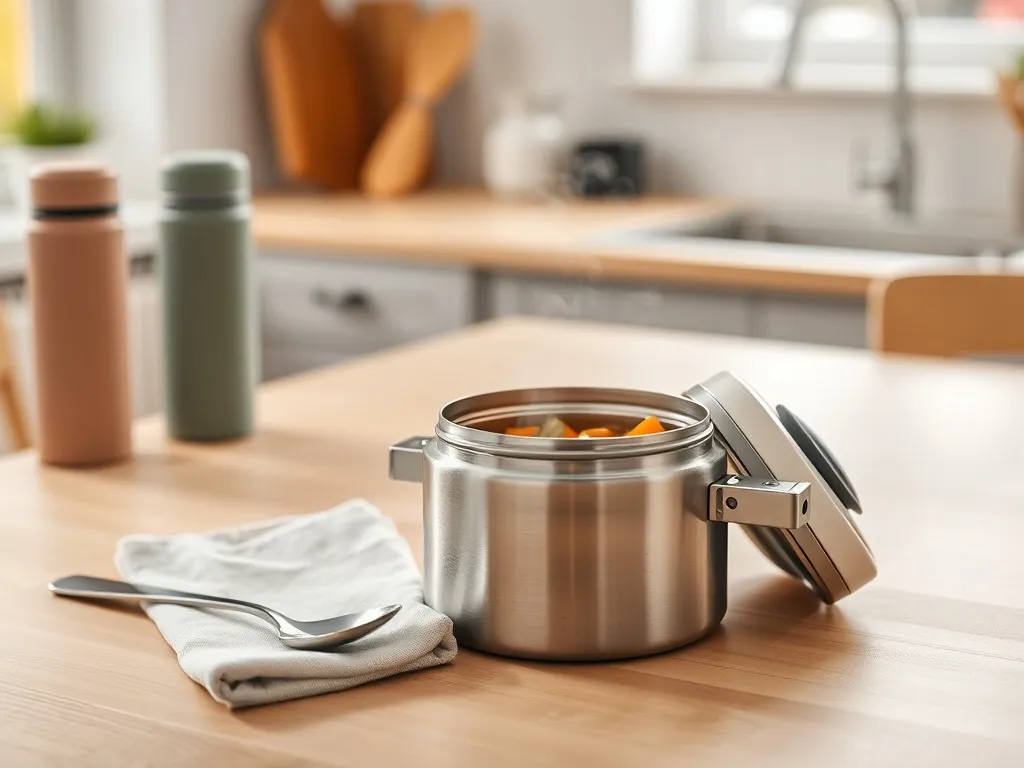Otwarte stalowe termosy obiadowe z gorącą zupą na kuchennym blacie, obok łyżka i ściereczka, w tle inne termosy.