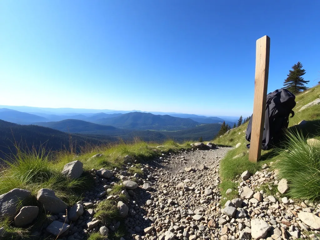 Słoneczny szlak na Baranią Górę z plecakiem przy słupku, w tle zalesione wzgórza i spokojny, błękitny krajobraz.