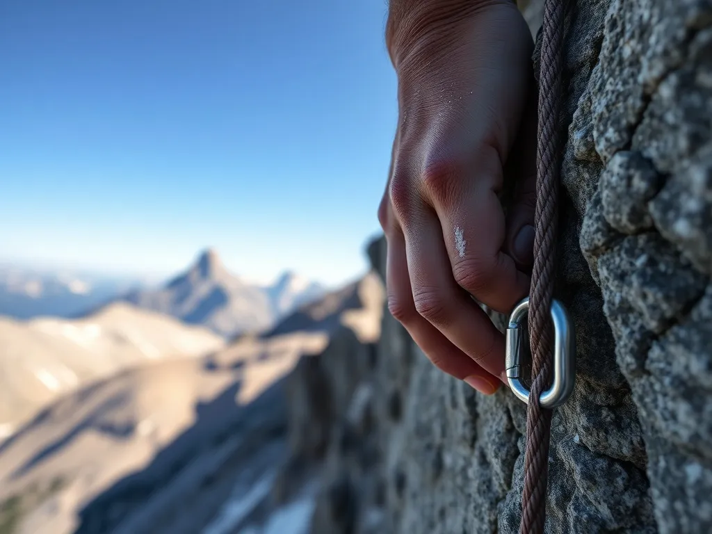 Dłoń wspinacza ściskająca chwyt skalny z magnezją, obok lina i karabinek, w tle rozmazane górskie grzbiety i niebo.