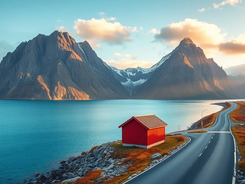 Malownicza droga nadmorska na Lofotach, czerwona chatka nad turkusowym morzem, ostre szczyty gór w jesiennym świetle