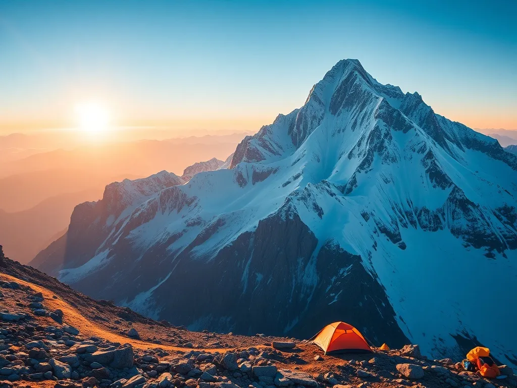 K2 ośnieżony o wschodzie słońca, z biwakowym namiotem i sprzętem wspinaczkowym na górskim szlaku w dzikim Karakorum