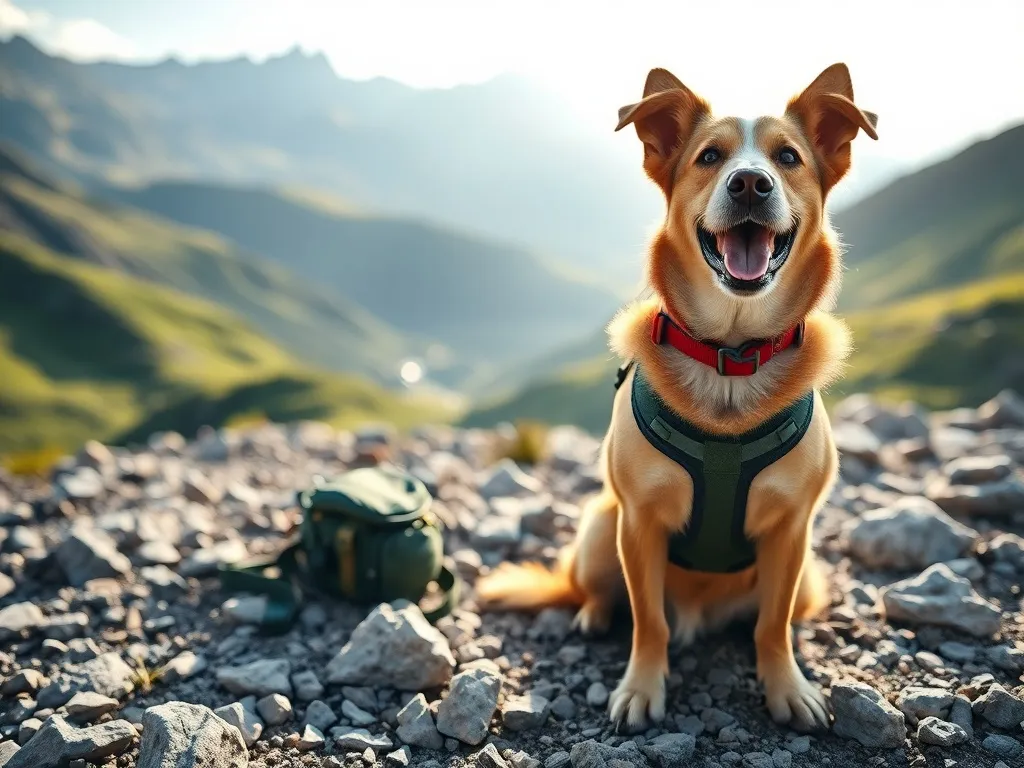 Pies w uprzęży trekkingowej siedzi na górskim szlaku z plecakiem obok, spogląda w dal w stronę górskich szczytów.
