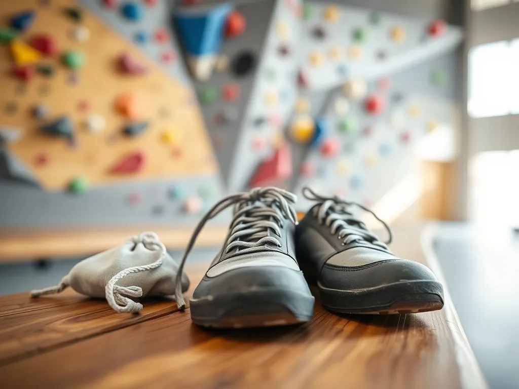 Proste, lekko używane buty wspinaczkowe dla początkujących z woreczkiem na magnezję na tle ścianki w hali wspinaczkowej.