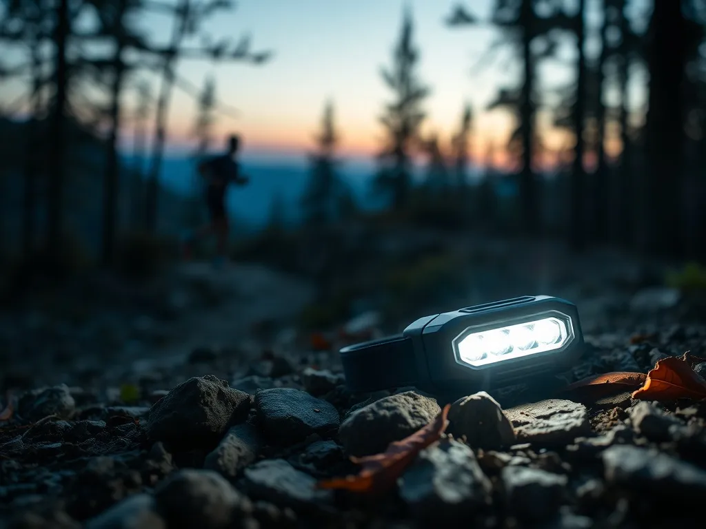 Stylowa czołówka LED oświetlająca leśną ścieżkę o zmierzchu, w tle biegacz na krętej trasie między drzewami.