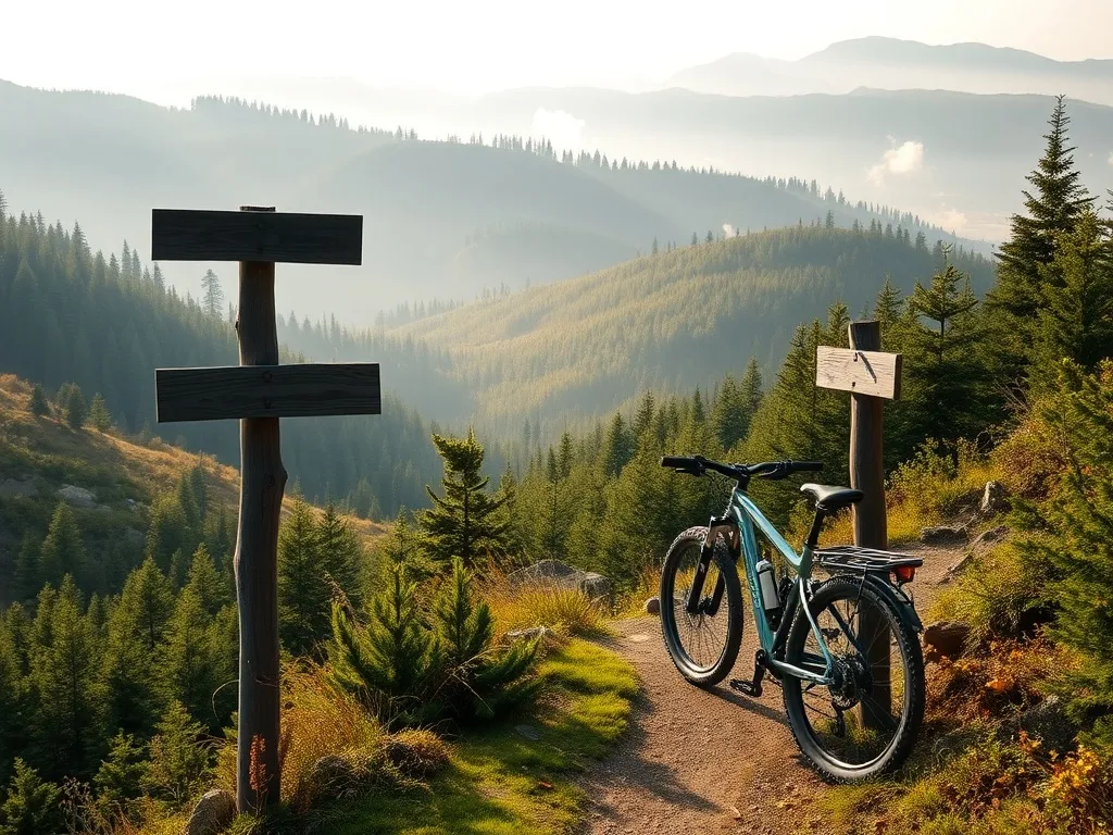 Wąski szlak w Górach Izerskich, drewniany drogowskaz i oparty o niego rower górski wśród jesiennego, lekko zamglonego lasu.