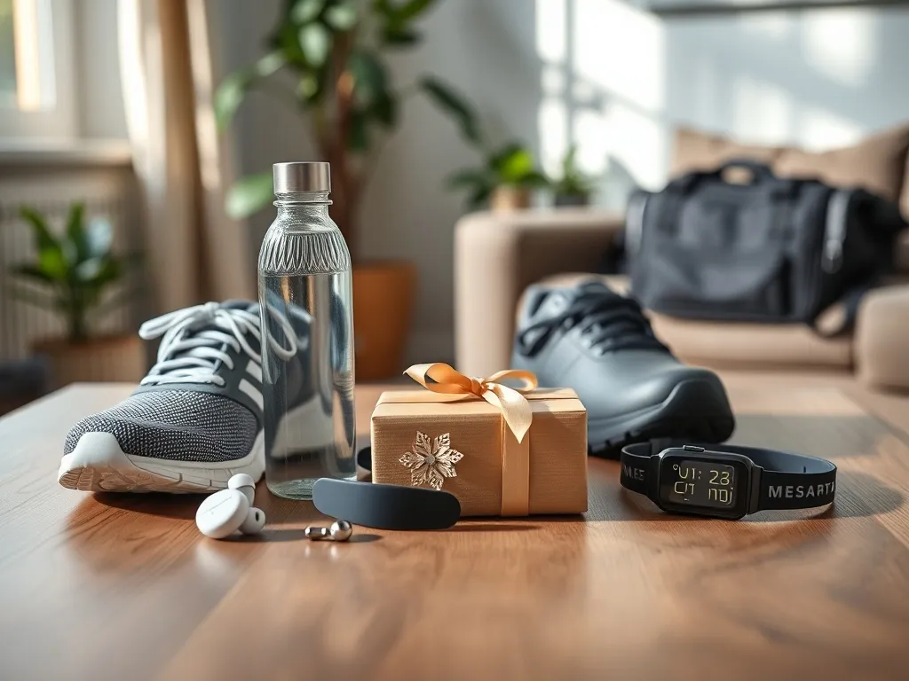 Zestaw eleganckich prezentów sportowych na stole: buty do biegania, zegarek, słuchawki, bidon i zapakowane pudełko.