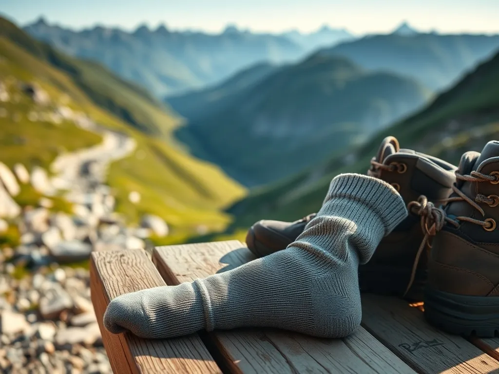 Grube, techniczne skarpety trekkingowe obok znoszonych butów na ławce, w tle górski szlak o świcie.