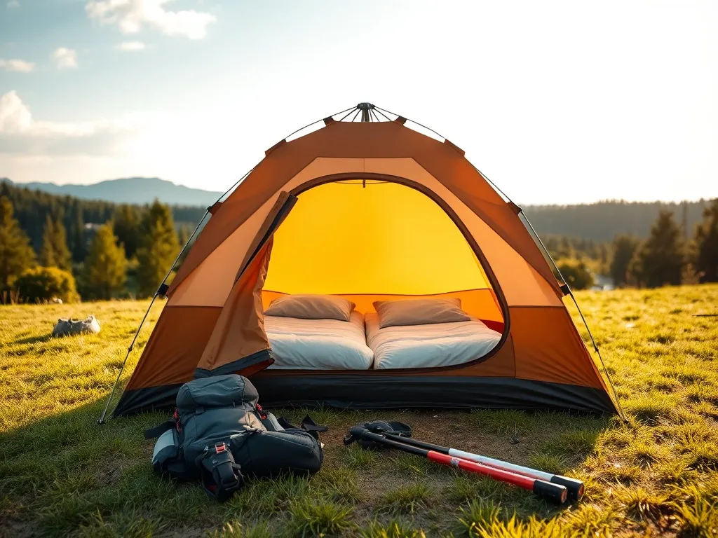 Namiot 2-osobowy rozłożony na trawie z karimatami, plecakiem i kijkami trekkingowymi, gotowy na biwak w górach.