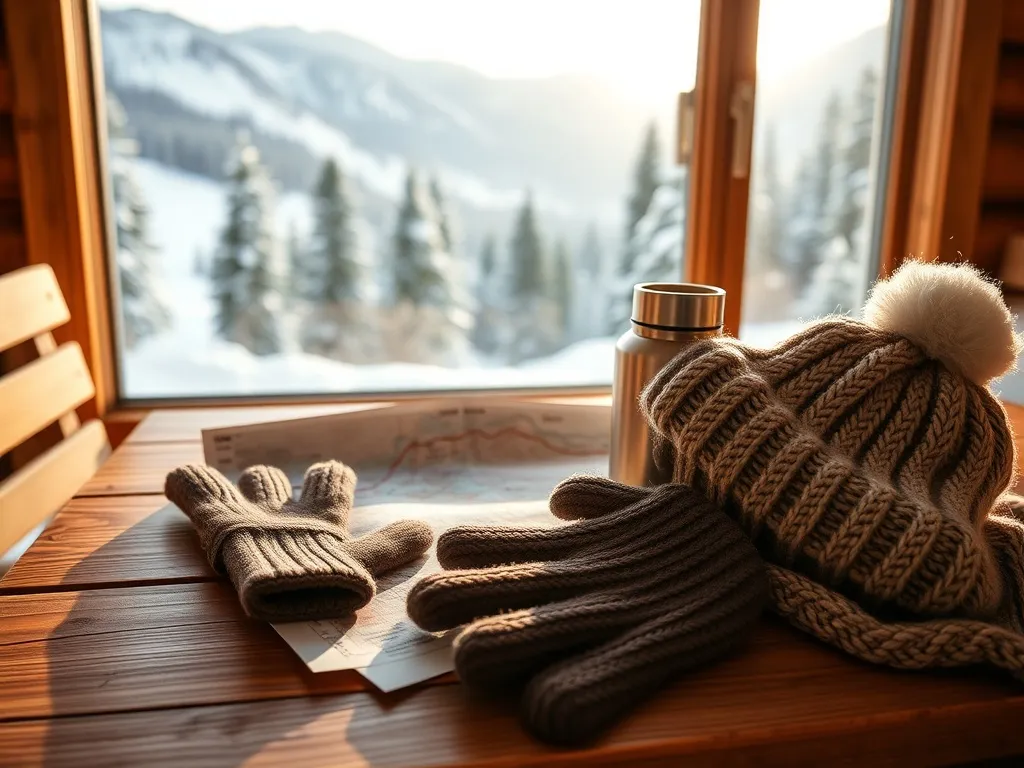 Zimowy ekwipunek w górskiej chacie z widokiem na ośnieżone szczyty, zapowiadający weekendowy wyjazd w góry.