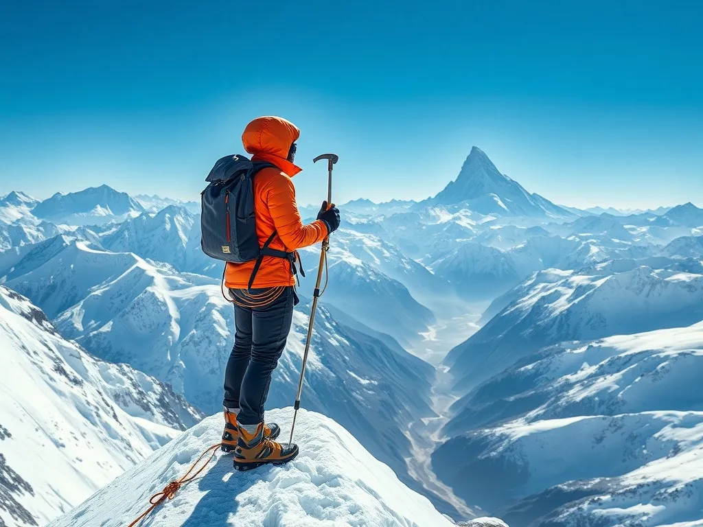 Wspinacz na wąskiej, ośnieżonej grani z czekanem, patrzący na ostry szczyt Himalajów, symbol przygotowań do wejścia na Island Peak