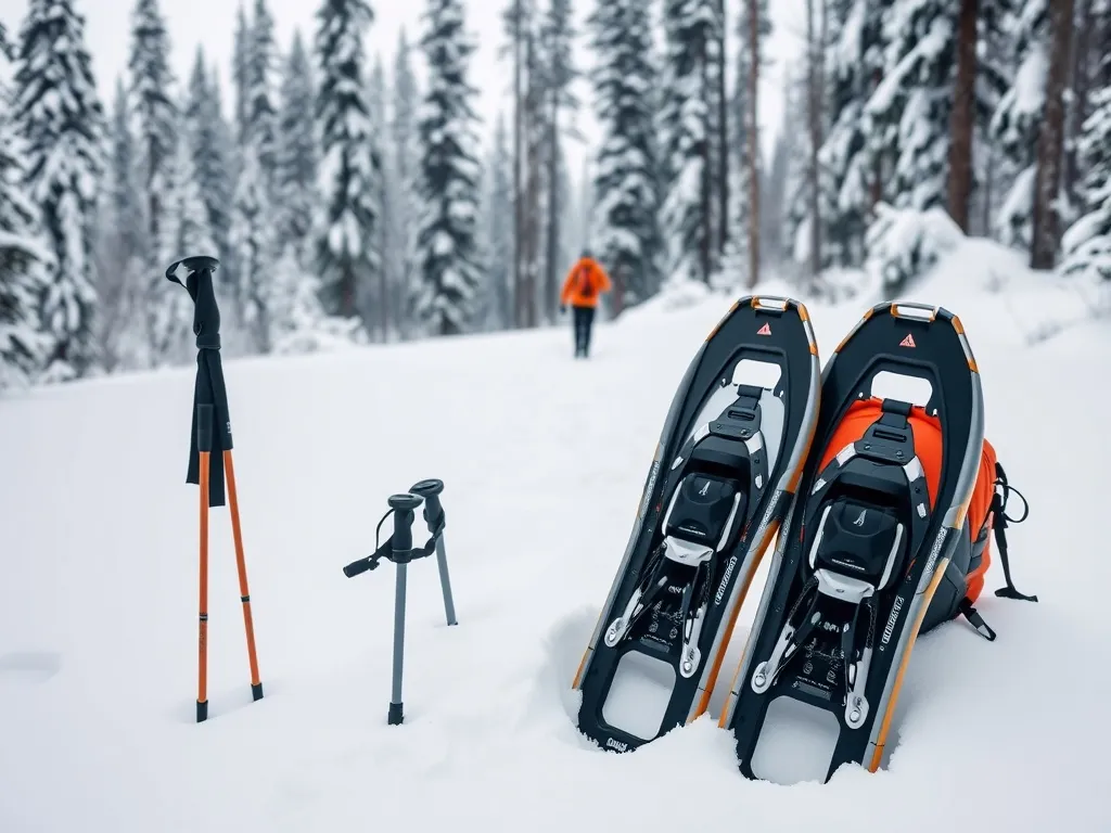 Nowoczesne rakiety śnieżne, kijki i plecak na śniegu, w tle wędrowiec na szlaku wśród ośnieżonych sosen.