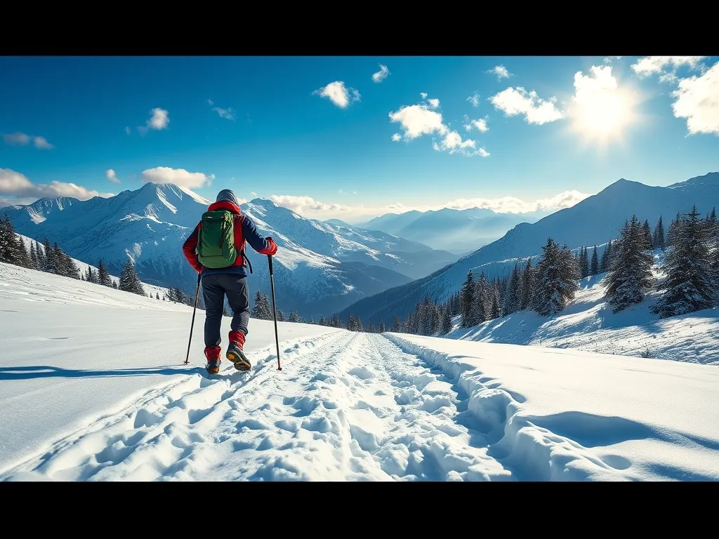 Turysta na zimowym szlaku w Tatrach, ośnieżone szczyty w tle, słoneczny poranek i idealne warunki do wędrówki.