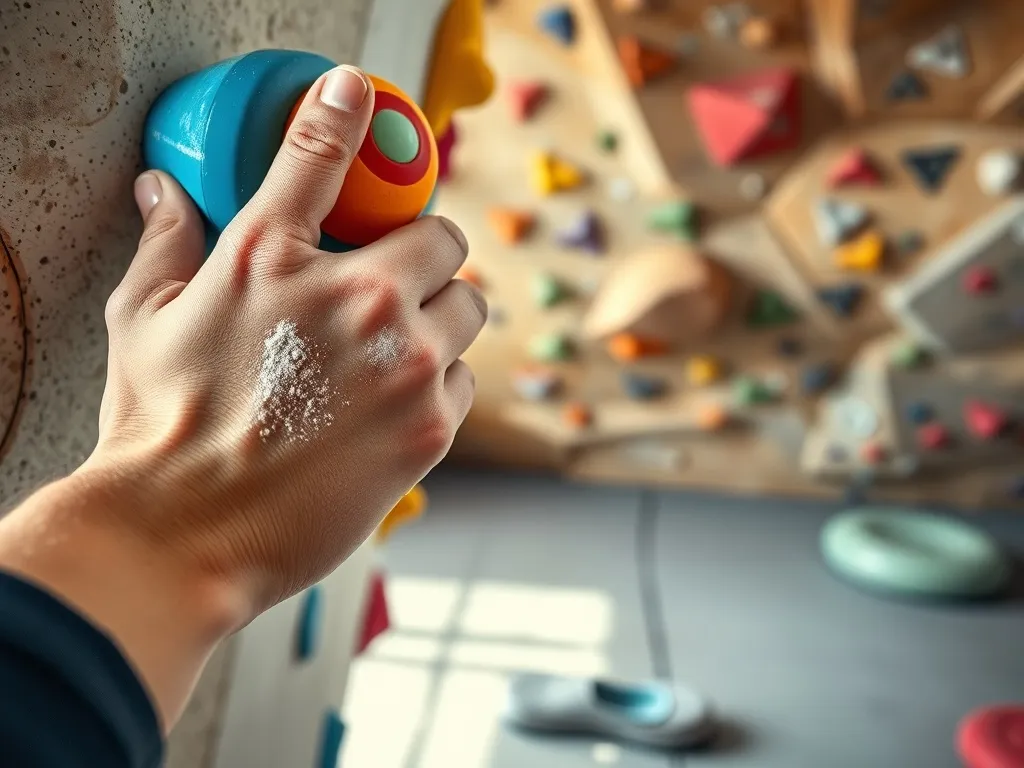 Dłoń chwytająca kolorowy chwyt na ściance boulderowej w hali wspinaczkowej, w tle mata asekuracyjna.