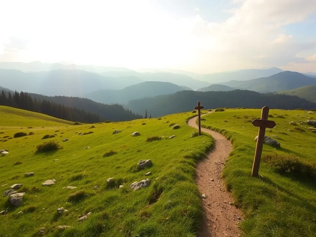 Poranny widok szlaku na Turbacz wśród zielonych łąk i lasów, prowadzącego przez spokojne, falujące górskie wzgórza.