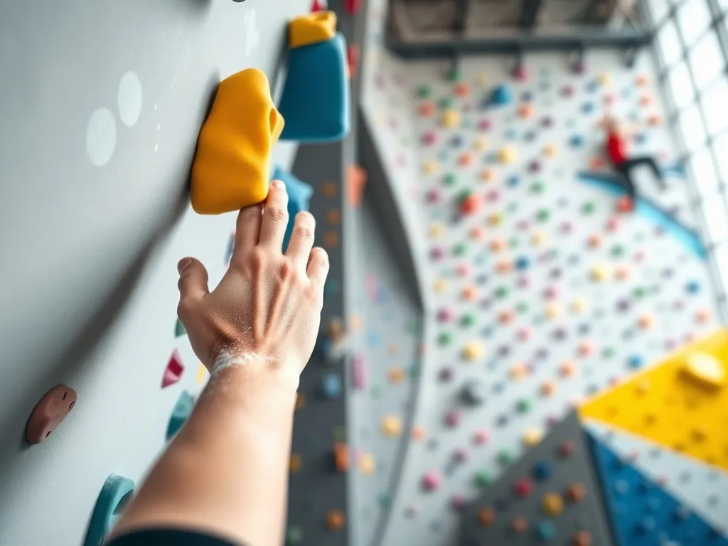 Dłoń wspinacza sięga po kolorowy chwyt na ściance, w tle wysoka ściana z wieloma drogami o różnej trudności