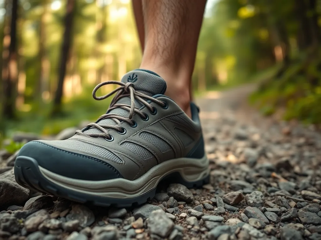 Solidne buty trekkingowe z szerokimi noskami na kamienistym leśnym szlaku, podkreślające komfort dla szerokiej stopy.