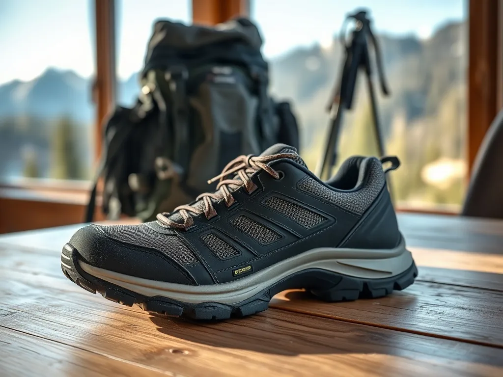 But trekkingowy Salomon X Ultra 4 GTX na stole, w tle rozmyty sprzęt górski i widok na góry za oknem