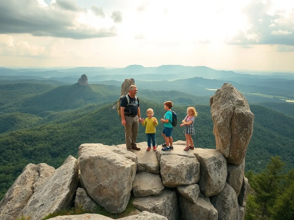 Rodzinna wycieczka na punkt widokowy Szczelińca Wielkiego, wielopokoleniowa grupa podziwia górskie panoramy zza barierki