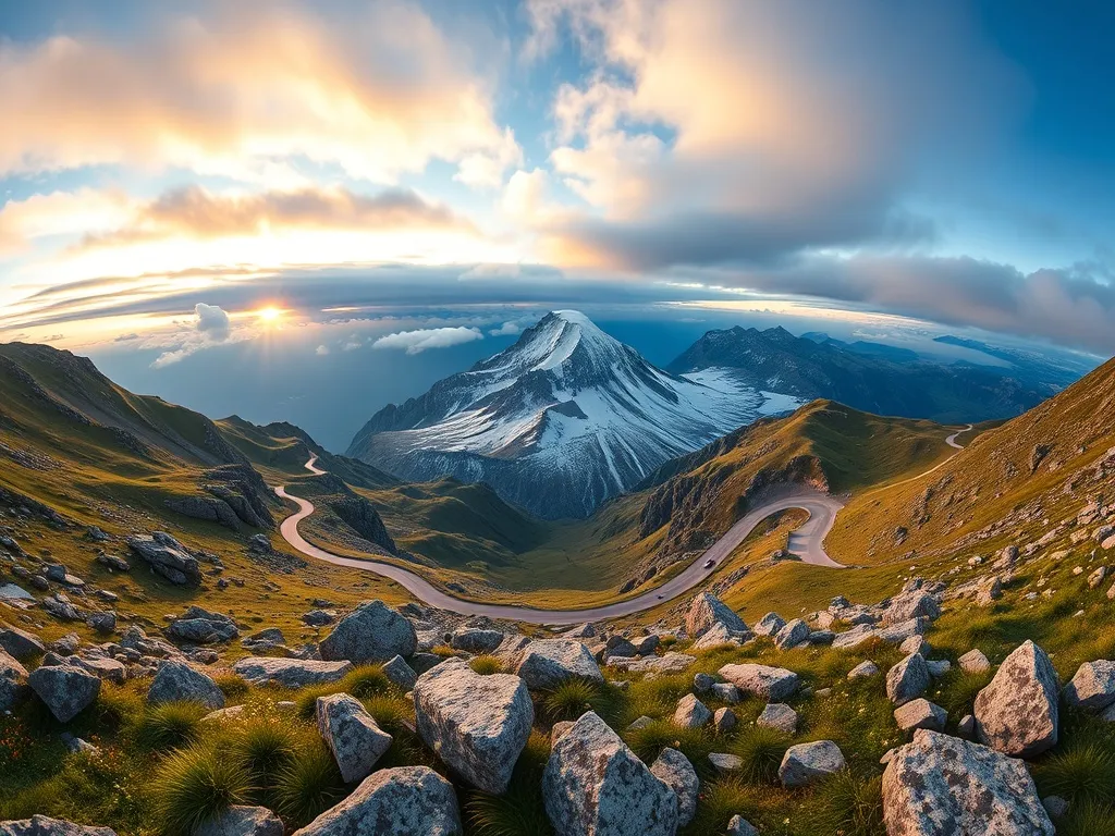 Panorama masywu Grossglockner o wschodzie słońca, ośnieżony szczyt, zieleń i Hochalpenstrasse wijąca się w tle
