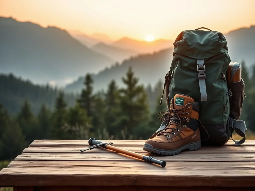Wytrzymały plecak trekkingowy, kije i znoszone buty na tle mglistych gór o wschodzie słońca, zachęcające do outdooru.