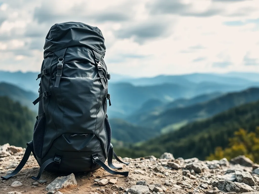 Nowoczesny plecak trekkingowy na kamienistym szlaku w górach, prezentacja detali i przeznaczenia do wycieczek górskich.