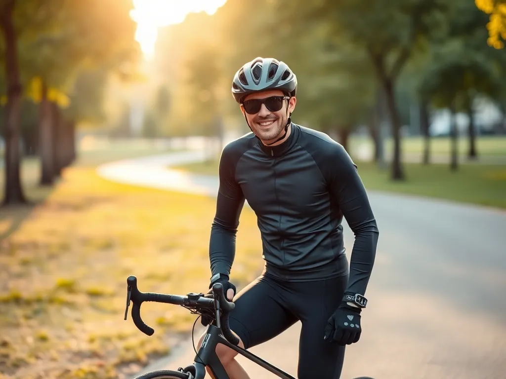 Miejski rowerzysta w kasku i odzieży warstwowej stoi przy rowerze w parku, prezentując wygodny strój na jazdę.