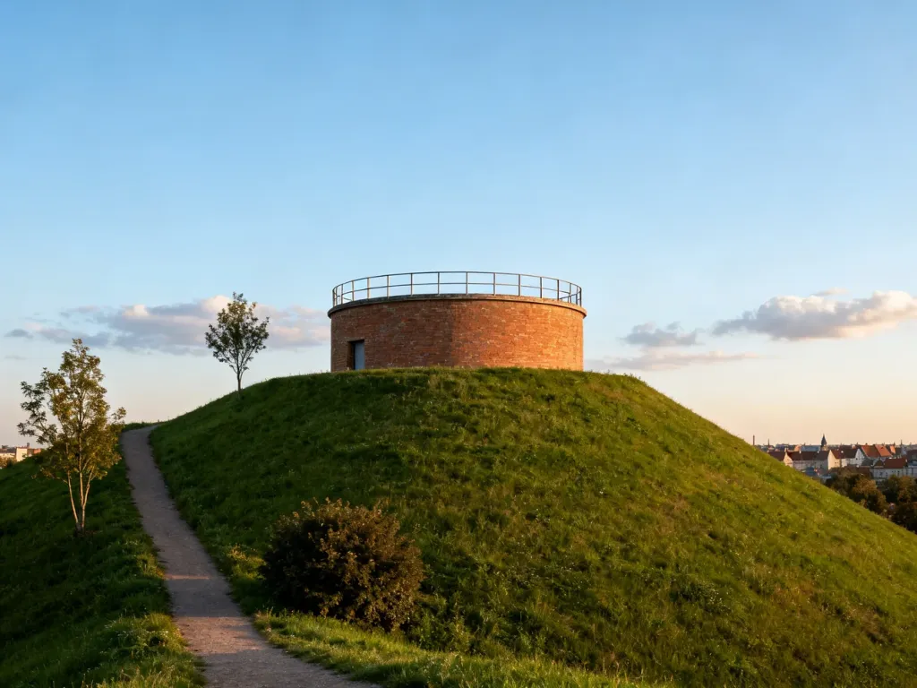 Trawiasty wzgórzowy zbiornik Stara Orunia z ceglaną budowlą na szczycie, ścieżką podejścia i panoramą Gdańska w tle.
