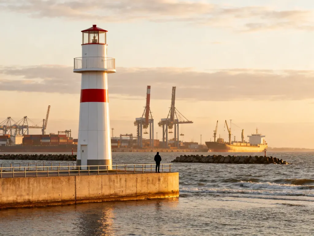 Latarnia Morska Gdańsk Port Północny o zachodzie słońca, z widokiem na portowe dźwigi i spokojne fale morza