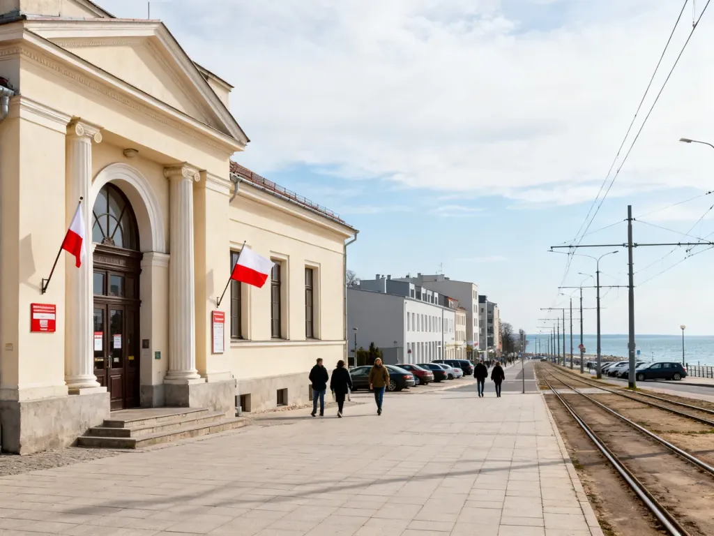 Gdyńska Poczta Główna z kolumnowym wejściem przy ulicy z torami tramwajowymi, w tle morze i nowoczesne budynki.