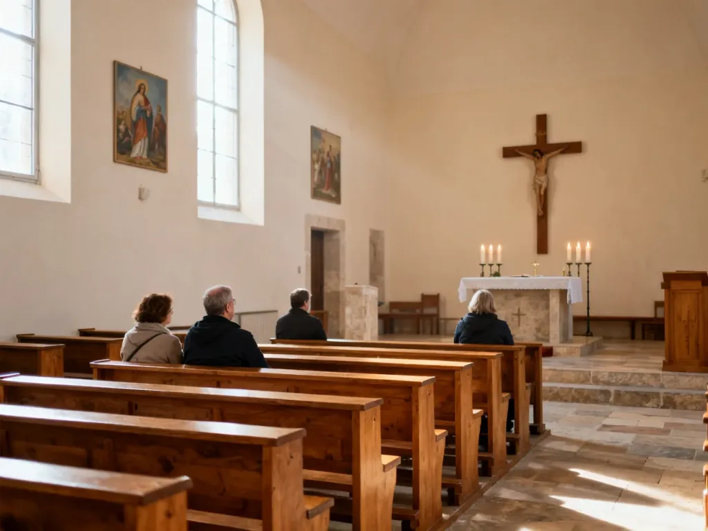 Wnętrze kościoła parafii Chrystusa Dobrego Pasterza w Gdyni, wierni modlą się w ławkach, ołtarz z krzyżem w miękkim świetle.