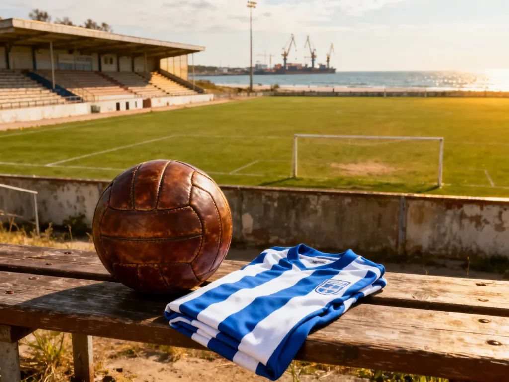 Stare skórzane piłki i biało-niebieska koszulka Floty Gdynia na ławce w kameralnym, nadmorskim stadionie.