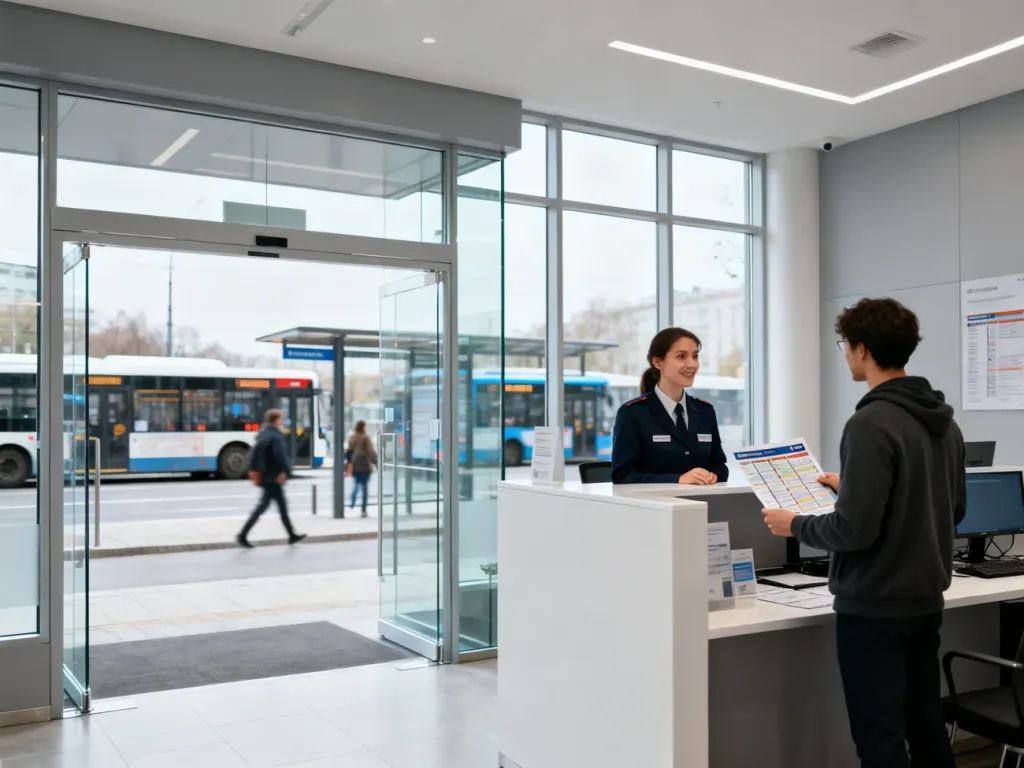 Nowoczesne biuro obsługi ZKM w Gdyni; klient z rozkładem jazdy autobusu rozmawia z pracownikiem przy ladzie informacji