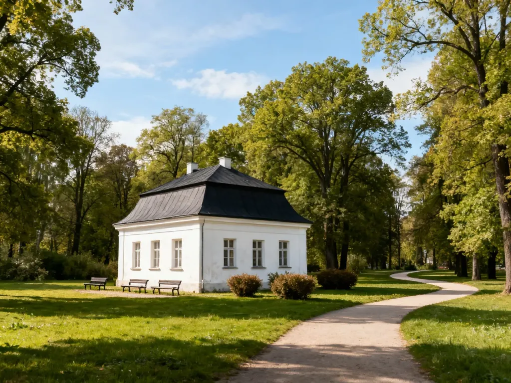 Biały Dwór w Gdańsku w słoneczny dzień, otoczony zielonym parkiem, ławkami i drzewami na tle błękitnego nieba