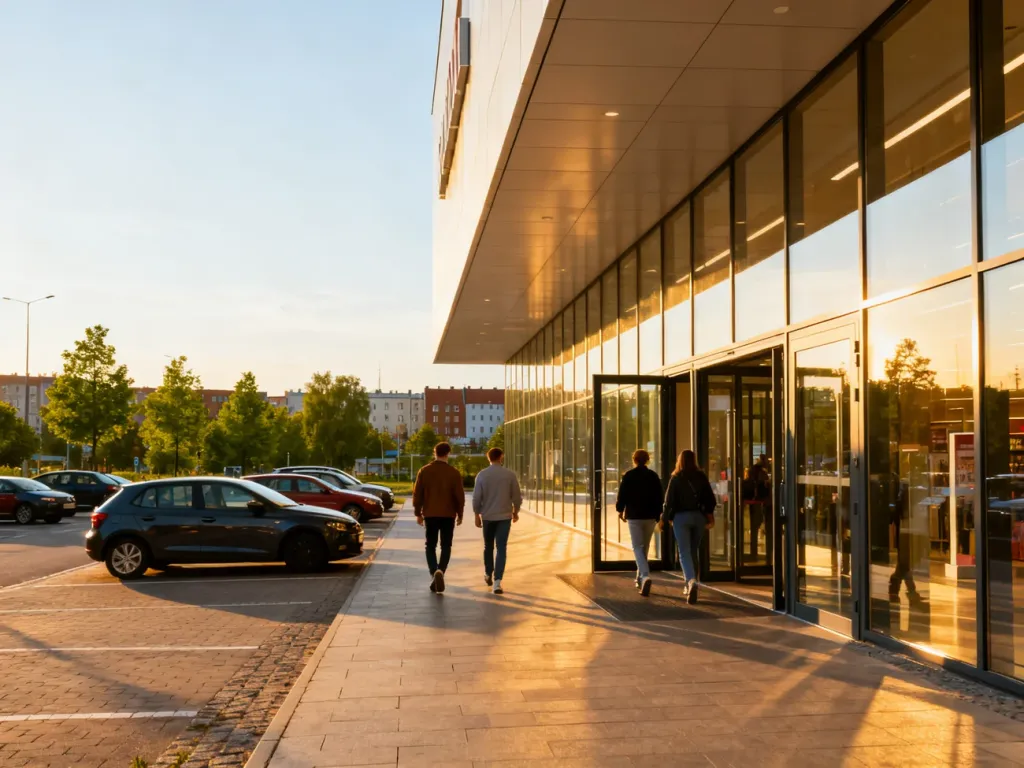 Wejście do centrum handlowego Alfa Centrum w Gdańsku o złotej godzinie, z parkingiem i pieszymi przed budynkiem.