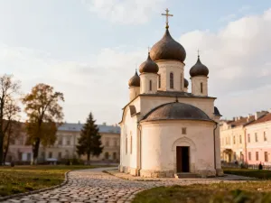 Jesienny, spokojny cmentarz na wzgórzu w Gdyni-Oksywiu, z prostymi nagrobkami, alejką i drzewami w tle.