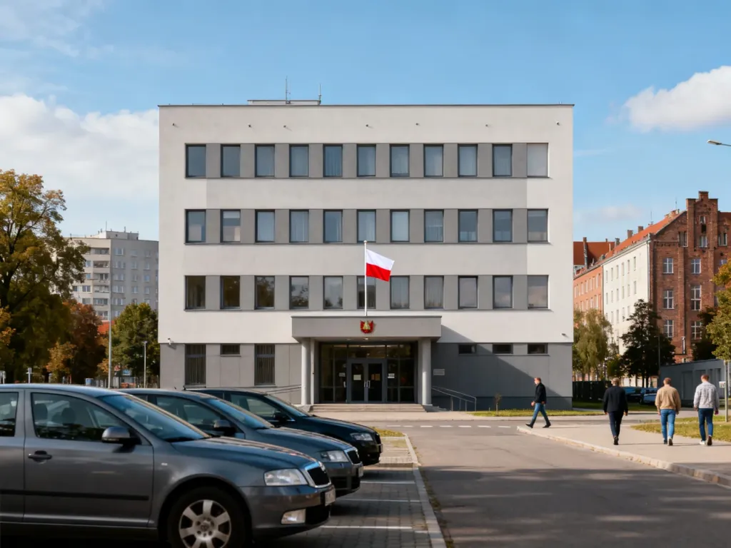 Nowoczesny budynek Wojewódzkiego Sztabu Wojskowego w Gdańsku z wejściem, flagą Polski i przechodniami na chodniku.