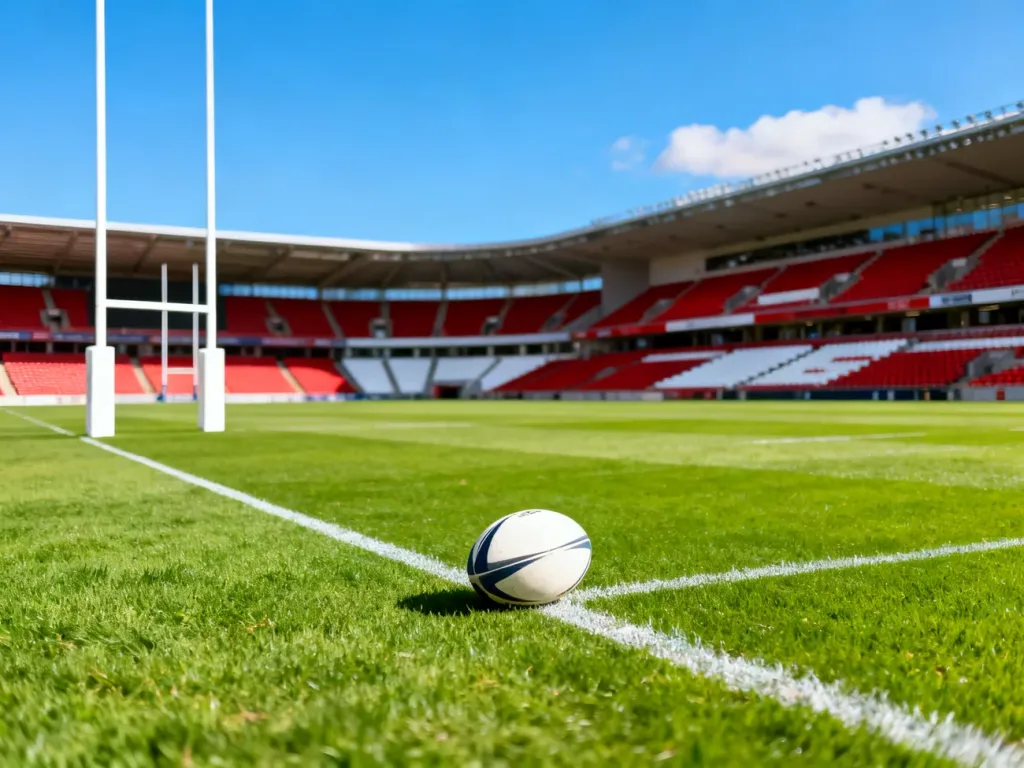 Słoneczny Narodowy Stadion Rugby z zieloną murawą, białymi słupami i piłką przy linii bocznej, czerwono-białe trybuny w tle.