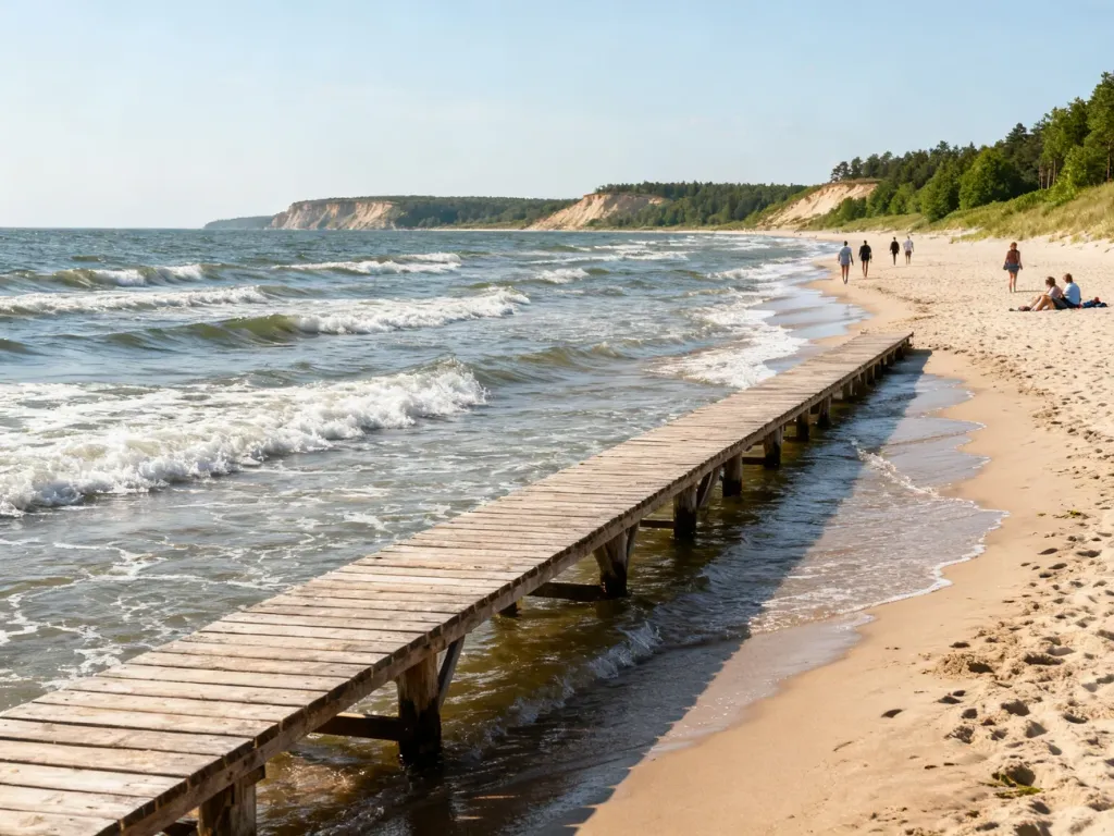 Słoneczna plaża w Orłowie z drewnianym molo, spokojnymi falami Bałtyku i klifem w tle, letnia atmosfera wypoczynku.