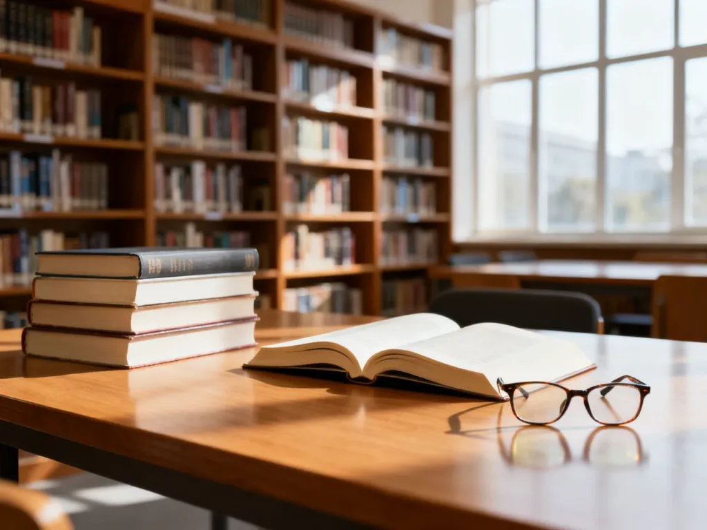 Stół z otwartą książką i okularami w nowoczesnej bibliotece AMW, w tle regały z księgozbiorem i spokojna atmosfera nauki.