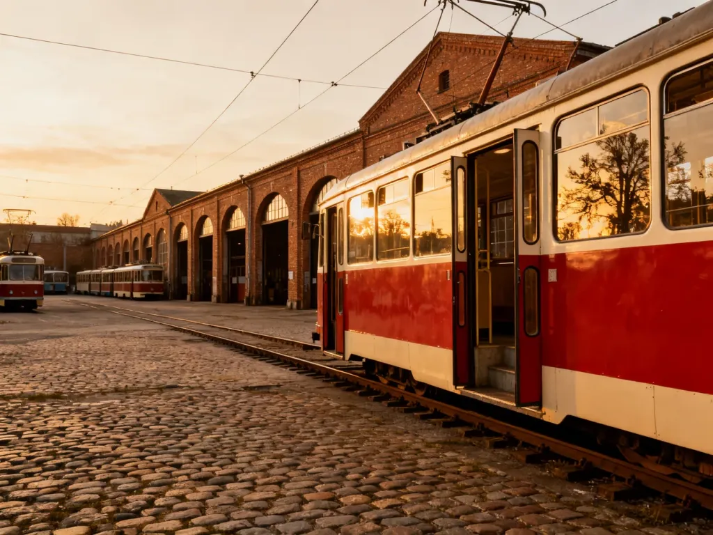 Zajezdnia tramwajowa Nowy Port o zachodzie słońca, zabytkowy czerwono-kremowy tramwaj na brukowanym dziedzińcu