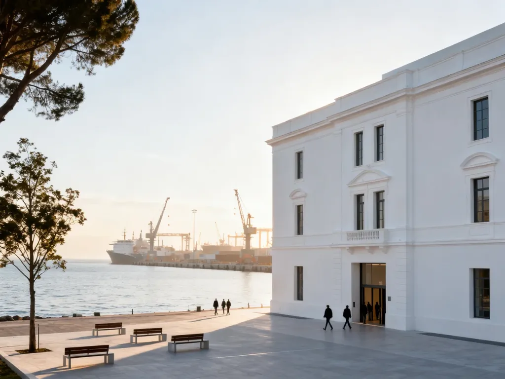 Muzeum Emigracji w Gdyni o świcie nad wodą, z przechodniami, ławkami i panoramą portu w tle