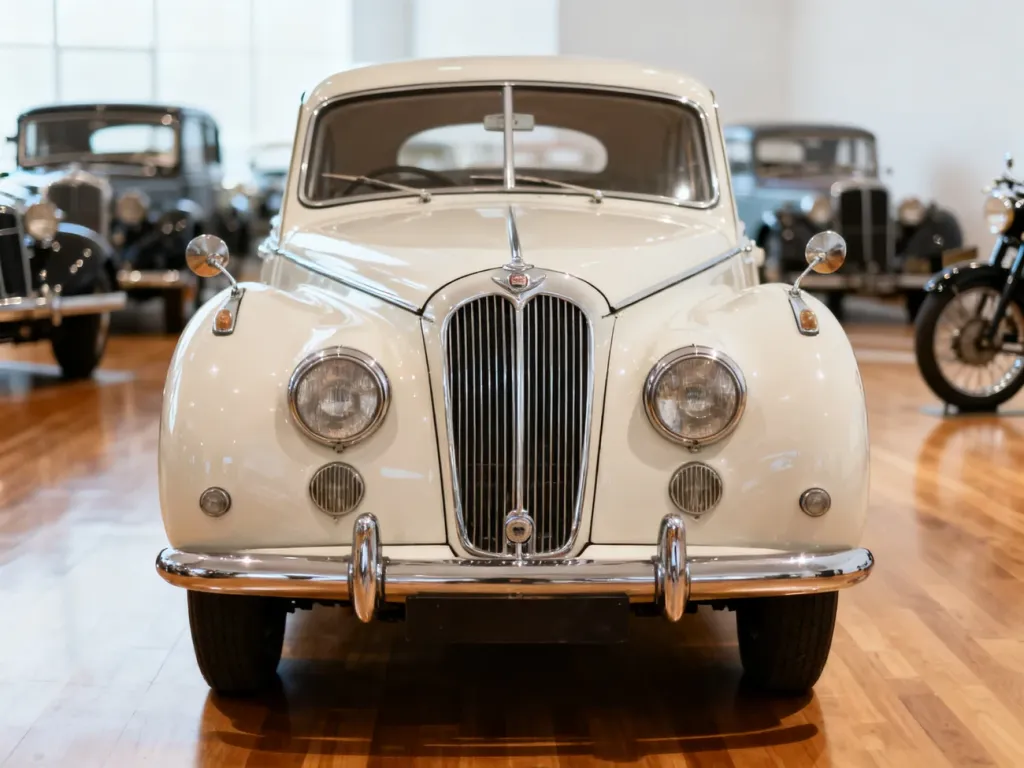 Zabytkowy samochód w jasnej sali Gdyńskiego Muzeum Motoryzacji, w tle zarys innych klasycznych aut i motocykli.