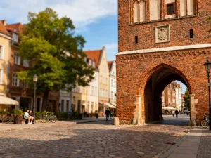 Przytulne, nowoczesne wnętrze biblioteki z regałami pełnymi książek, stolikami do nauki i roślinami w spokojnej atmosferze.